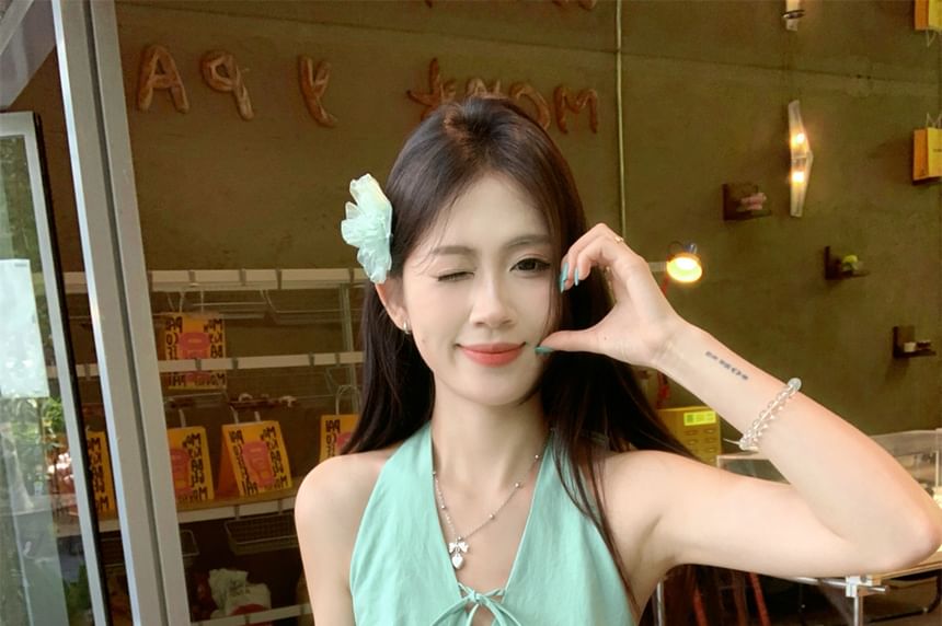 Halter V-Neck Plain Bow Bubble Hem Mini A-Line Skirt