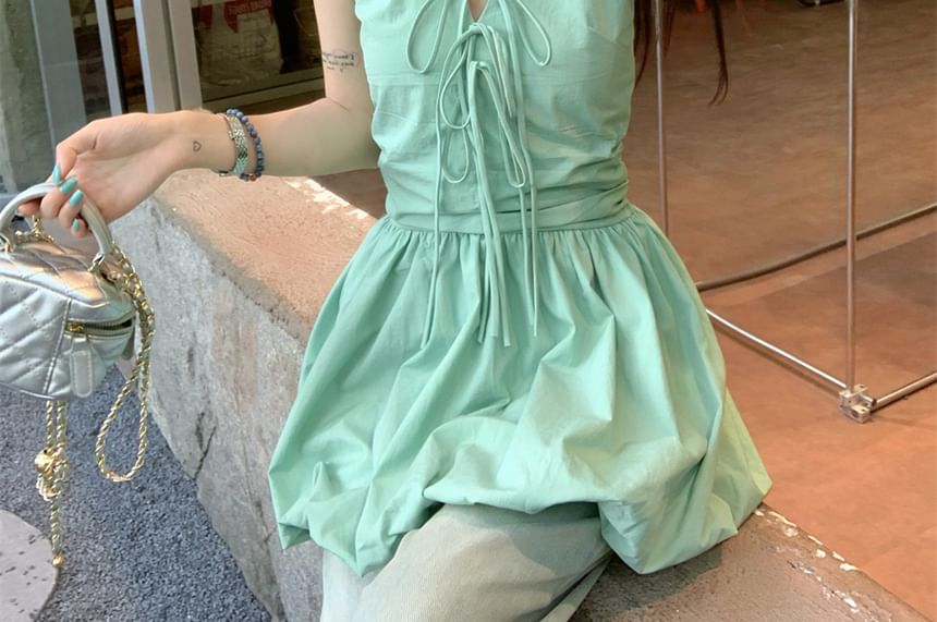 Halter V-Neck Plain Bow Bubble Hem Mini A-Line Skirt