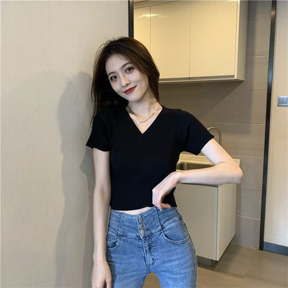 Short-Sleeve V-Neck Plain Asymmetrical Ribbed Crop Tee