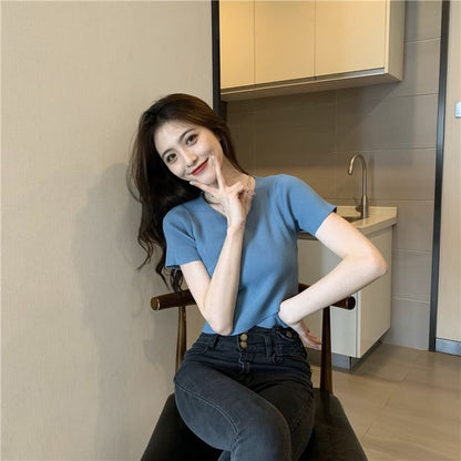 Short-Sleeve V-Neck Plain Asymmetrical Ribbed Crop Tee