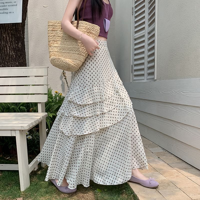 High Waist Floral Asymmetrical Tiered Midi A-Line Skirt