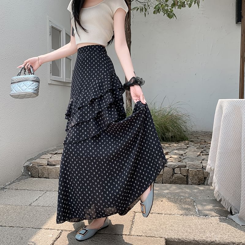 High Waist Floral Asymmetrical Tiered Midi A-Line Skirt