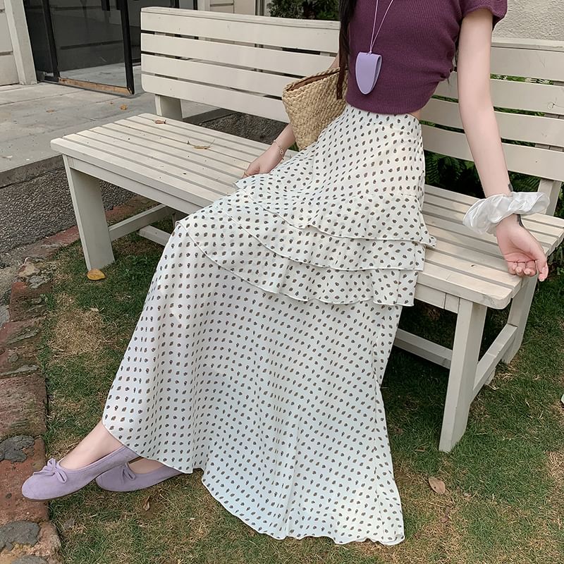 High Waist Floral Asymmetrical Tiered Midi A-Line Skirt