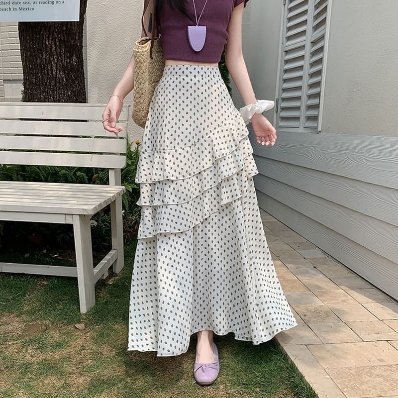 High Waist Floral Asymmetrical Tiered Midi A-Line Skirt