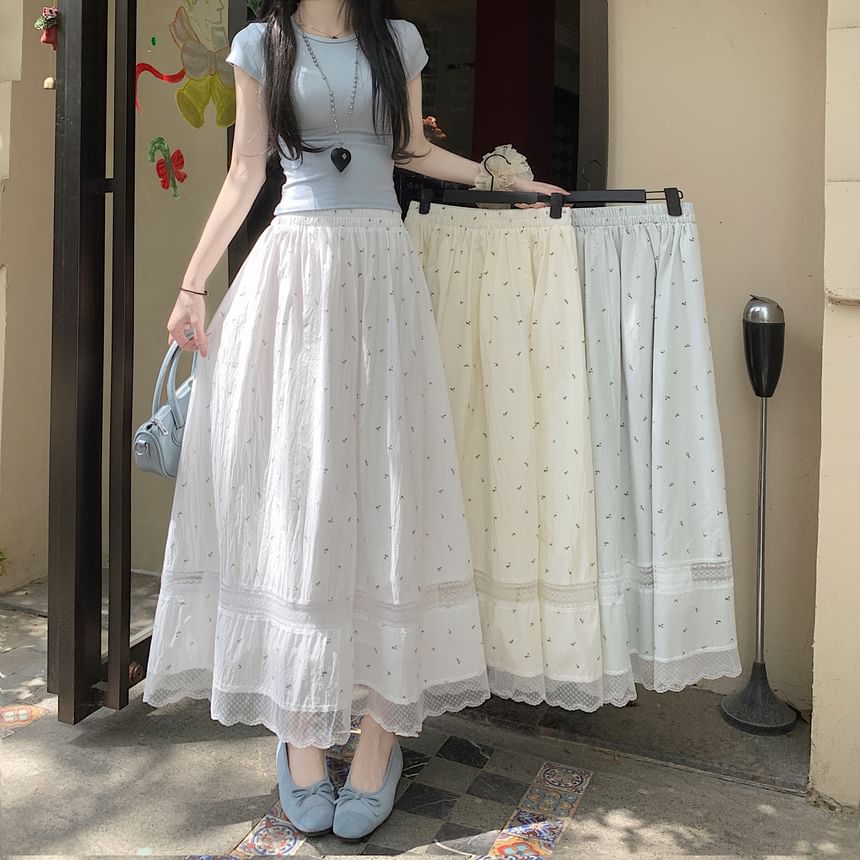 Elastic Waist Floral Lace Panel Midi A-Line Skirt