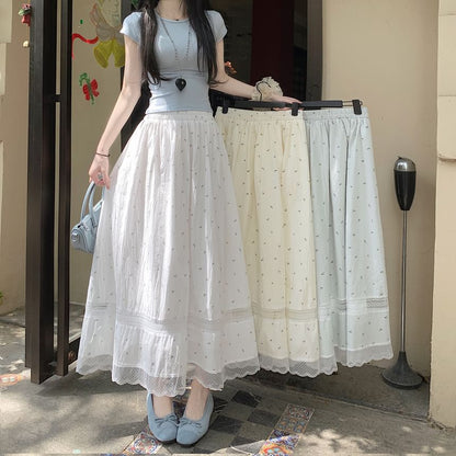 Elastic Waist Floral Lace Panel Midi A-Line Skirt
