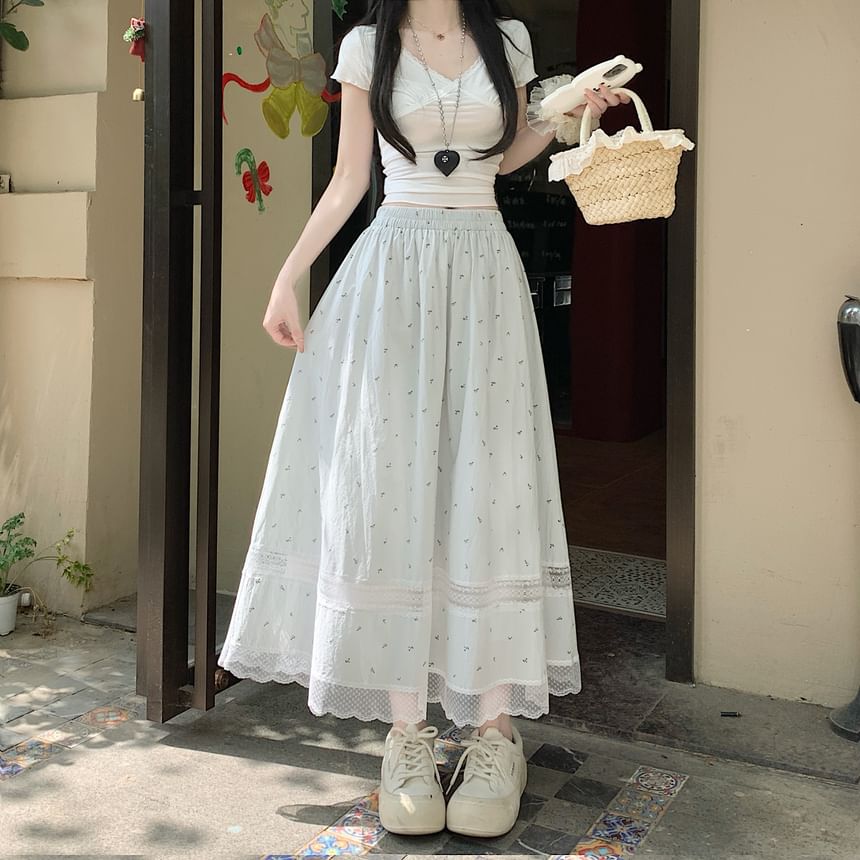 Elastic Waist Floral Lace Panel Midi A-Line Skirt