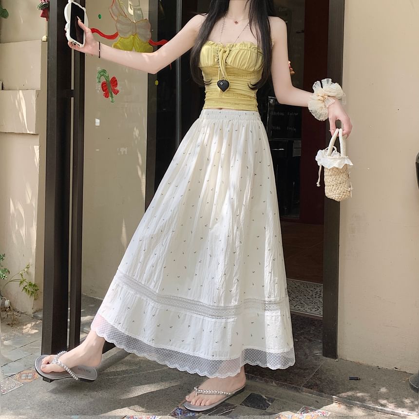 Elastic Waist Floral Lace Panel Midi A-Line Skirt