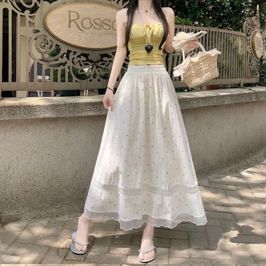 Elastic Waist Floral Lace Panel Midi A-Line Skirt