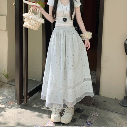 Elastic Waist Floral Lace Panel Midi A-Line Skirt
