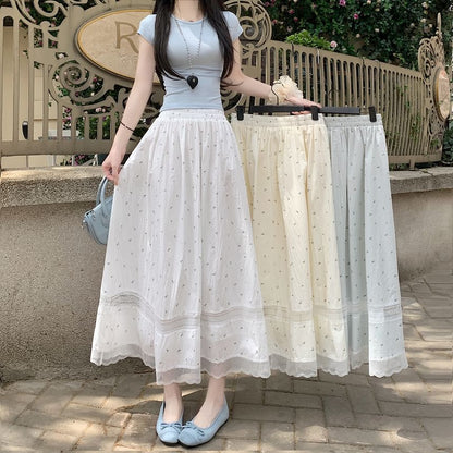 Elastic Waist Floral Lace Panel Midi A-Line Skirt