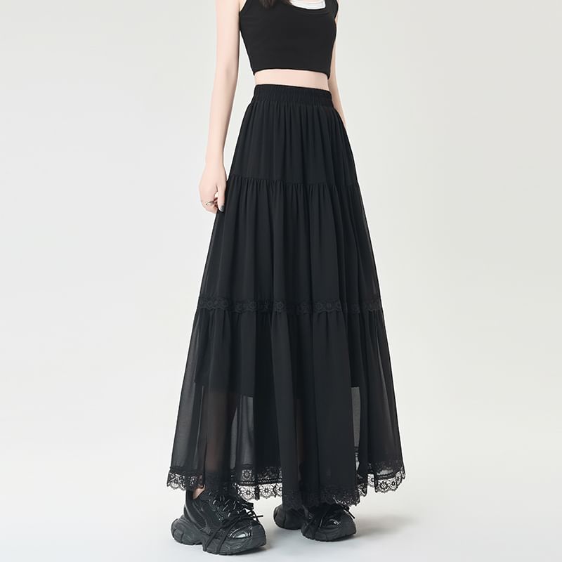 Elastic Waist Plain Tiered Lace Trim Midi A-Line Skirt