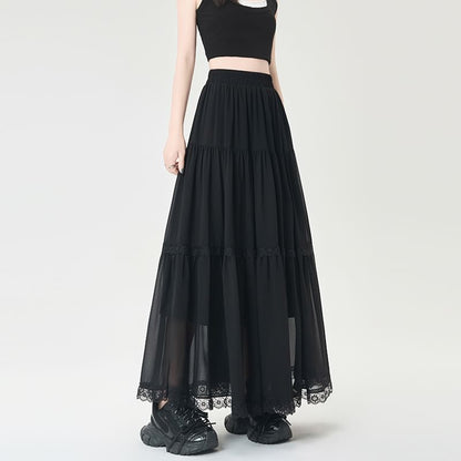 Elastic Waist Plain Tiered Lace Trim Midi A-Line Skirt