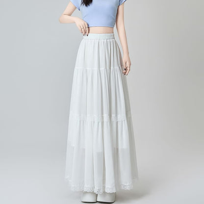 Elastic Waist Plain Tiered Lace Trim Midi A-Line Skirt