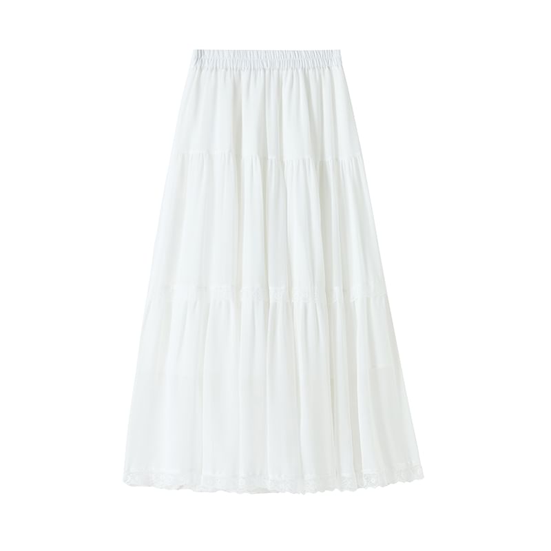 Elastic Waist Plain Tiered Lace Trim Midi A-Line Skirt
