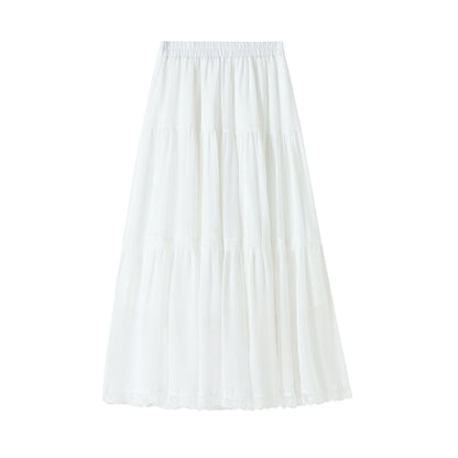 Elastic Waist Plain Tiered Lace Trim Midi A-Line Skirt