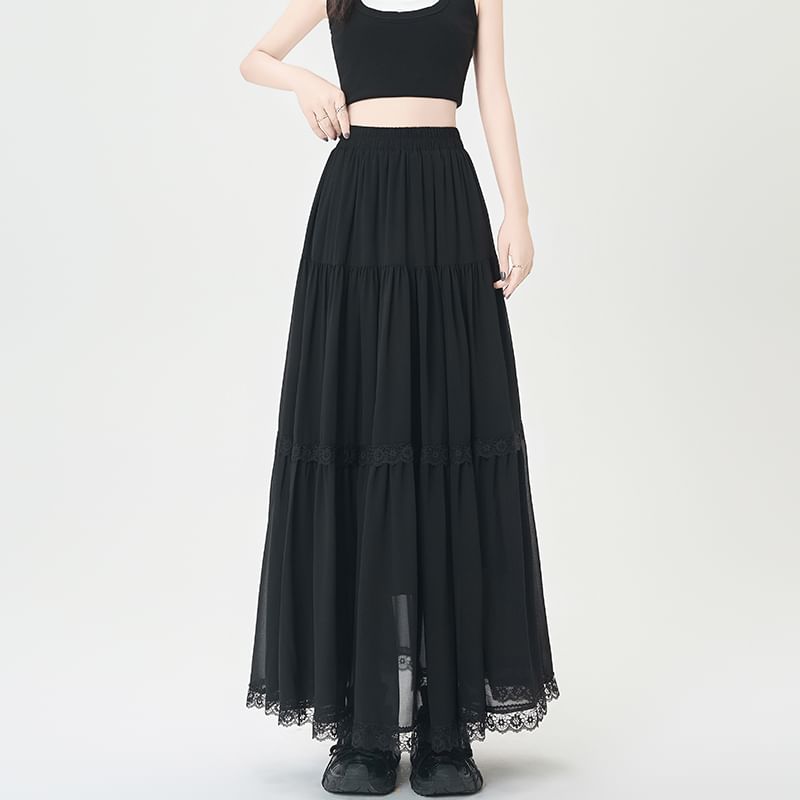 Elastic Waist Plain Tiered Lace Trim Midi A-Line Skirt