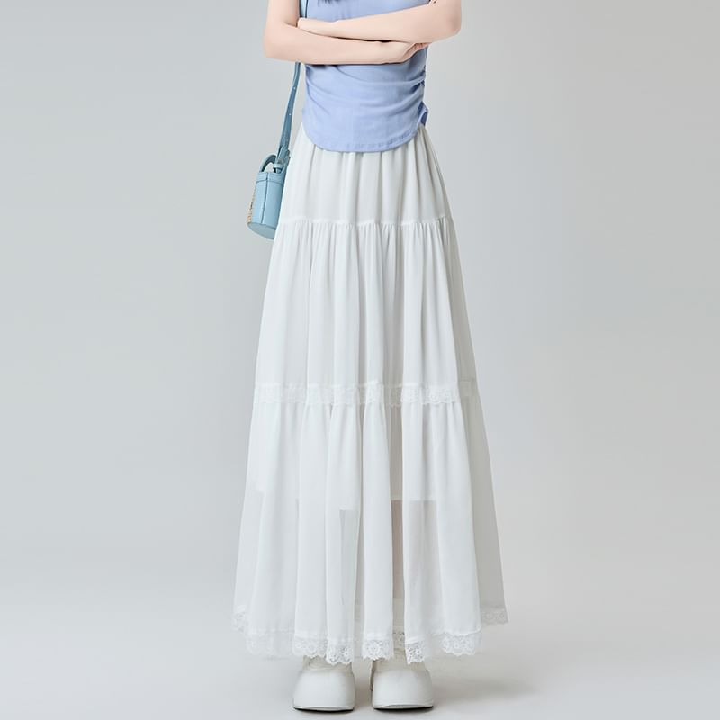 Elastic Waist Plain Tiered Lace Trim Midi A-Line Skirt