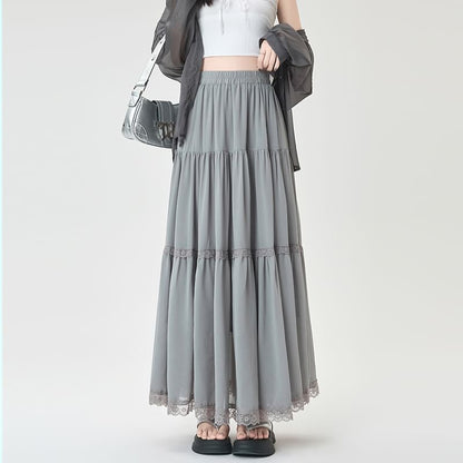Elastic Waist Plain Tiered Lace Trim Midi A-Line Skirt
