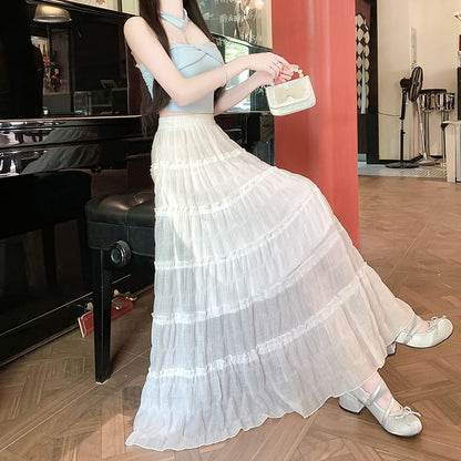 Elastic Waist Plain Tiered Mesh Midi A-Line Skirt