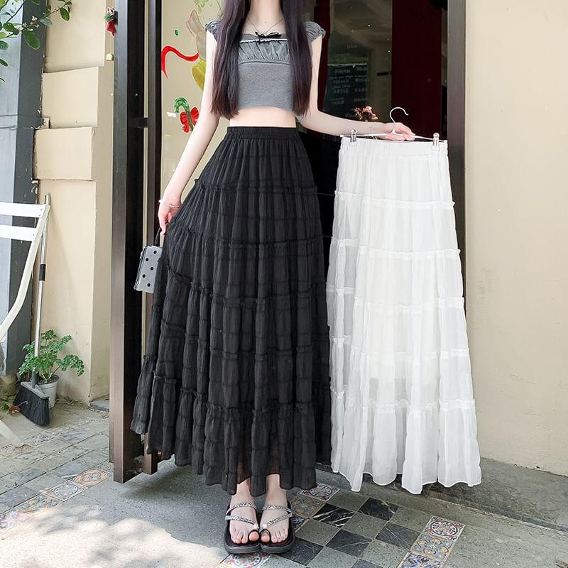 Elastic Waist Plain Tiered Mesh Midi A-Line Skirt