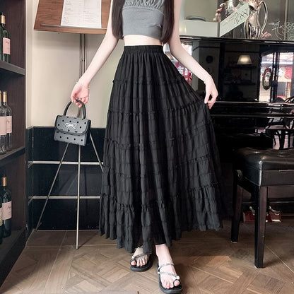 Elastic Waist Plain Tiered Mesh Midi A-Line Skirt