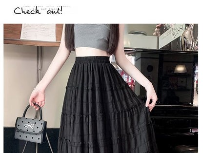 Elastic Waist Plain Tiered Mesh Midi A-Line Skirt