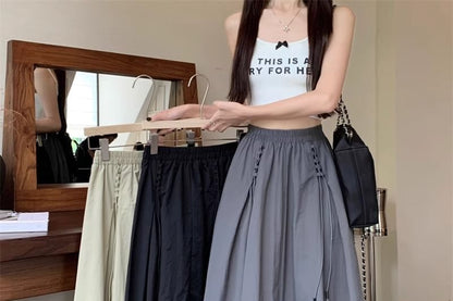 Drawstring Midi Skirt with Elastic Waist and Plain Design