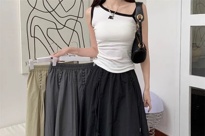 Drawstring Midi Skirt with Elastic Waist and Plain Design