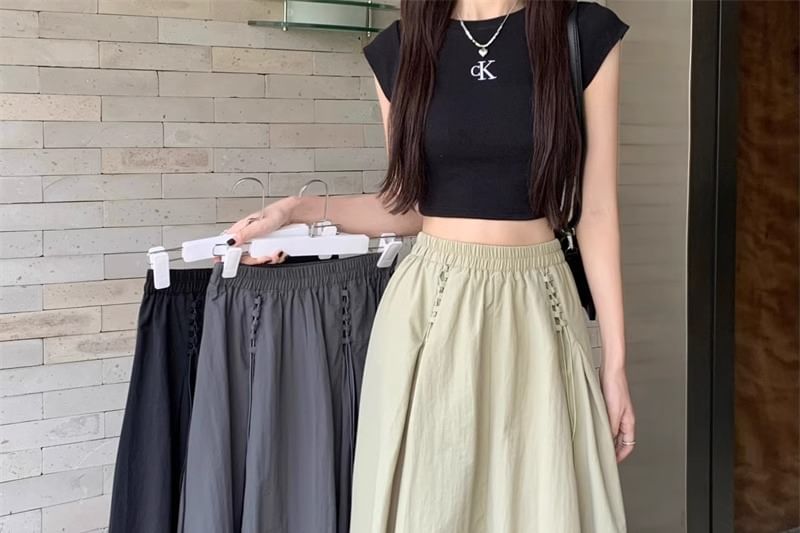 Drawstring Midi Skirt with Elastic Waist and Plain Design