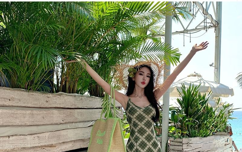 Spaghetti Strap Plaid Maxi Bodycon Dress