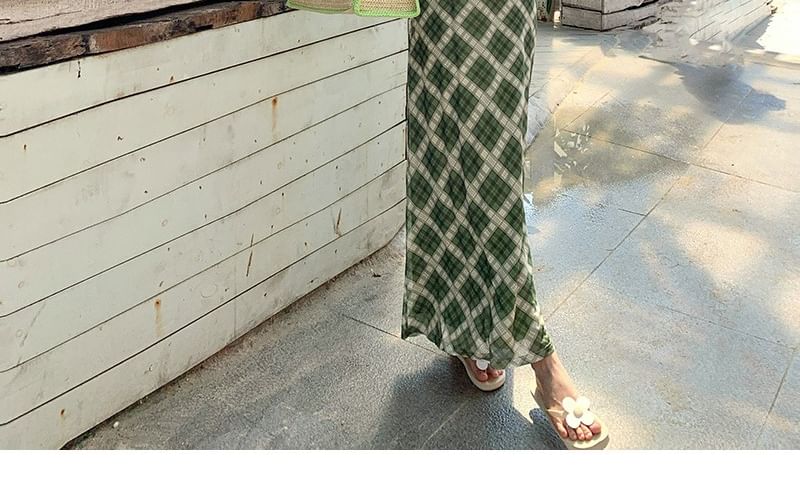 Spaghetti Strap Plaid Maxi Bodycon Dress