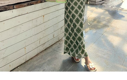 Spaghetti Strap Plaid Maxi Bodycon Dress
