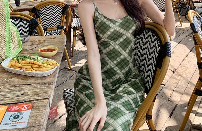 Spaghetti Strap Plaid Maxi Bodycon Dress