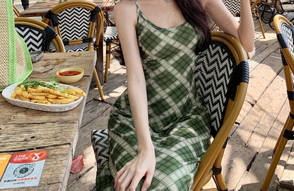 Spaghetti Strap Plaid Maxi Bodycon Dress