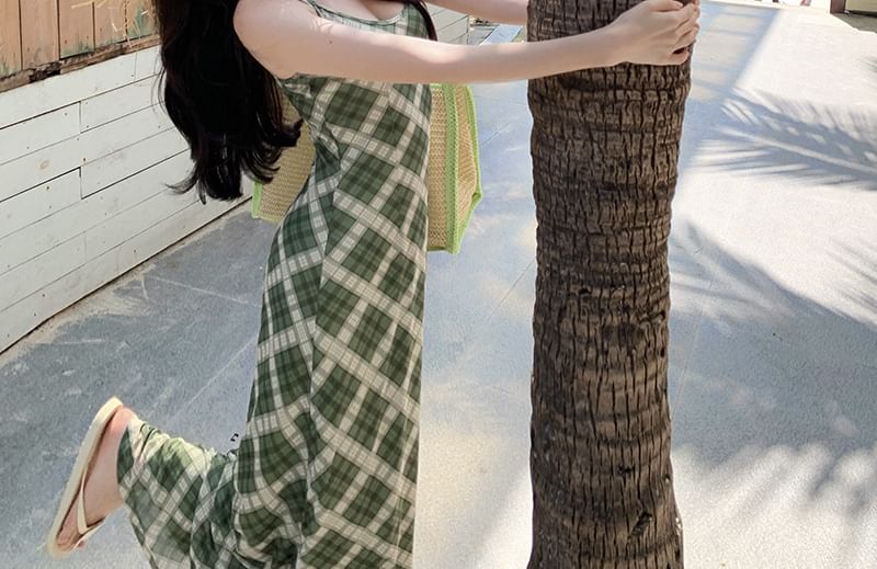 Spaghetti Strap Plaid Maxi Bodycon Dress