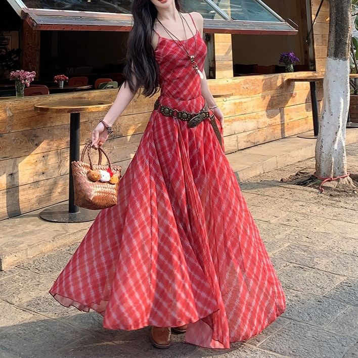 Spaghetti Strap Plaid Maxi A-Line Dress