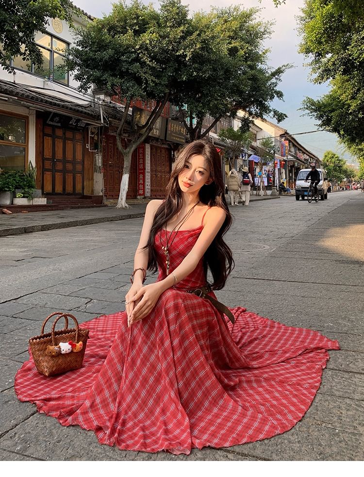 Spaghetti Strap Plaid Maxi A-Line Dress