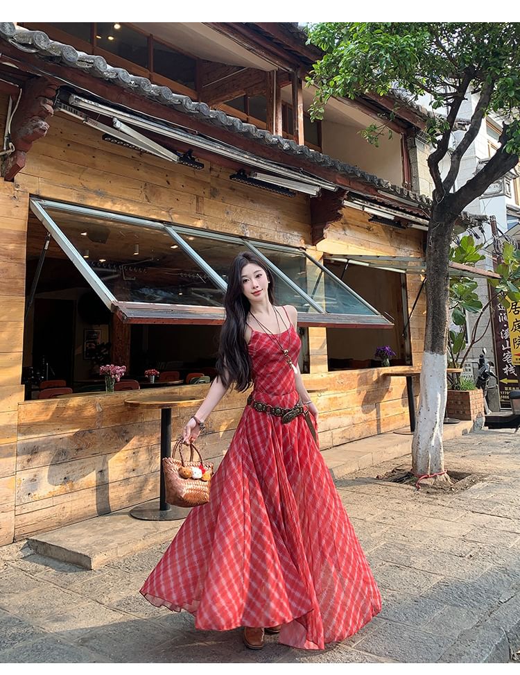 Spaghetti Strap Plaid Maxi A-Line Dress