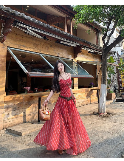 Spaghetti Strap Plaid Maxi A-Line Dress