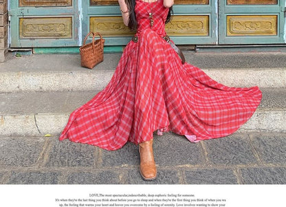 Spaghetti Strap Plaid Maxi A-Line Dress