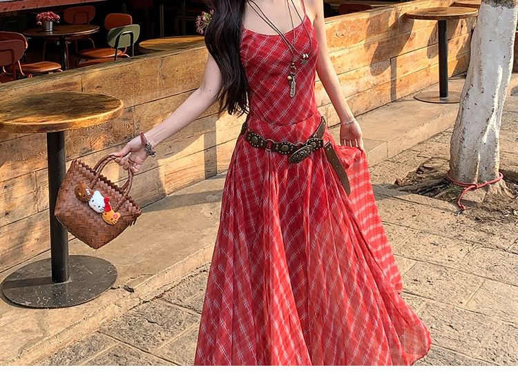 Spaghetti Strap Plaid Maxi A-Line Dress