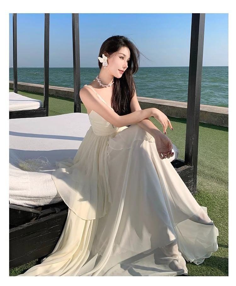 Spaghetti Strap Plain Asymmetrical Maxi A-Line Dress