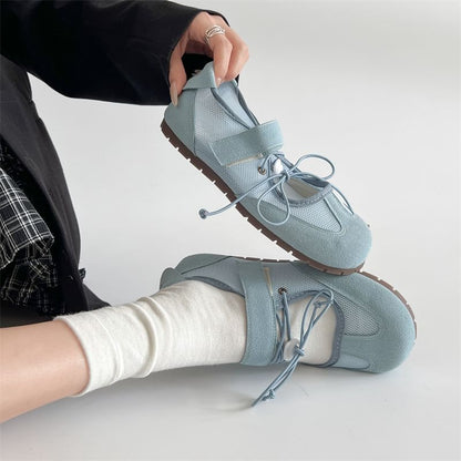 Adhesive Strap Mesh Panel Faux Leather Mary Jane Shoes