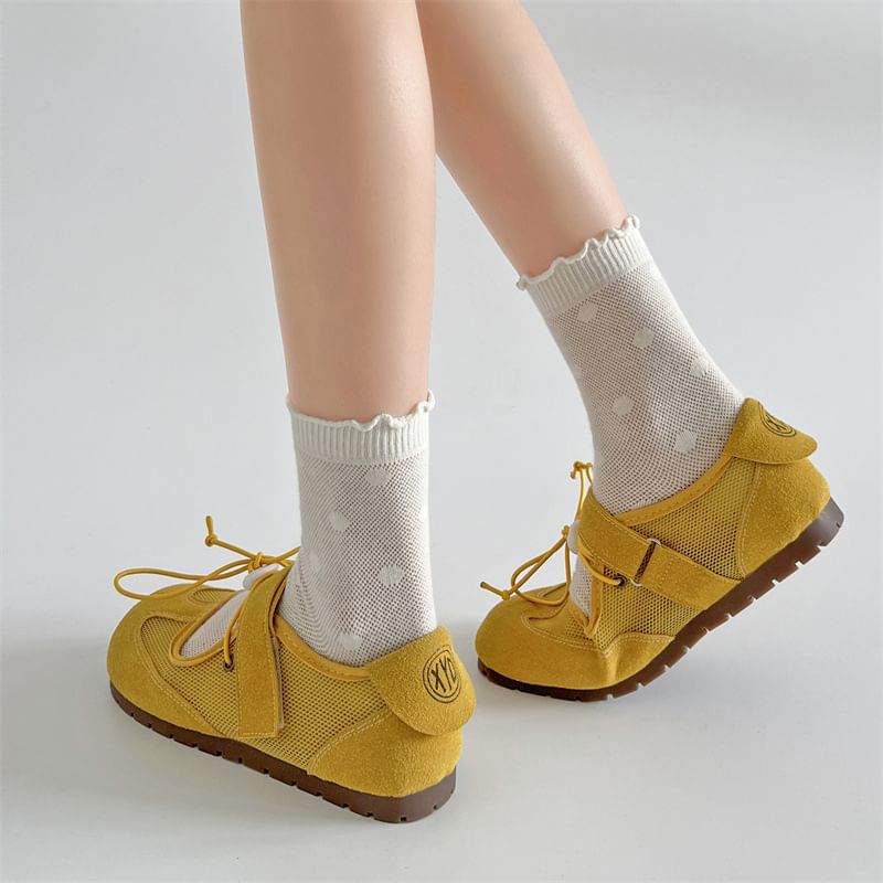 Adhesive Strap Mesh Panel Faux Leather Mary Jane Shoes