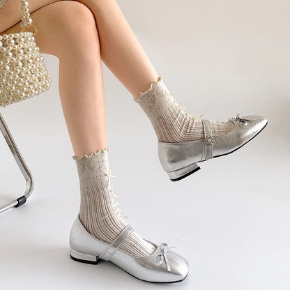 Low Heel Square Toe Bow Faux Leather Mary Jane Pumps