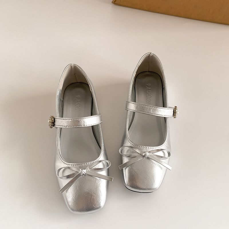 Low Heel Square Toe Bow Faux Leather Mary Jane Pumps