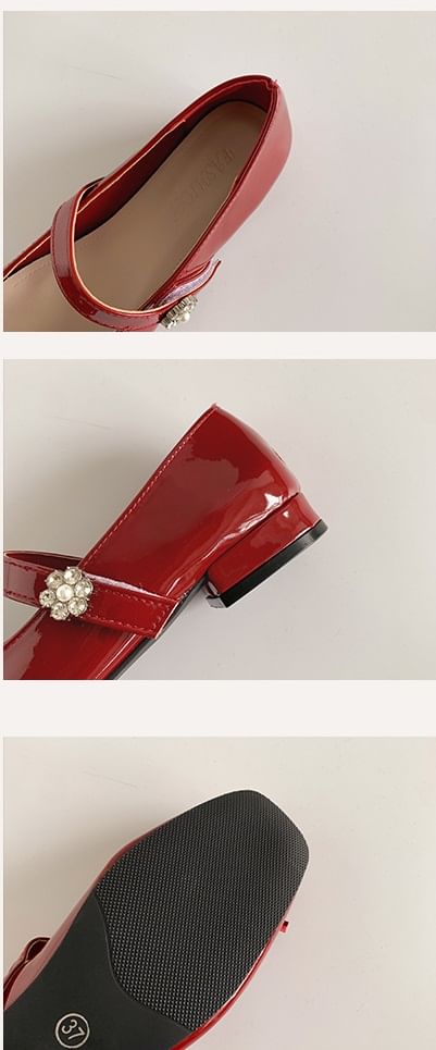 Low Heel Square Toe Bow Faux Leather Mary Jane Pumps