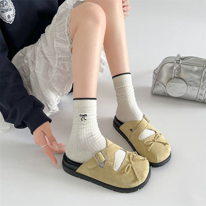 Platform Cross Strap Bow Buckled Mary Jane Mules