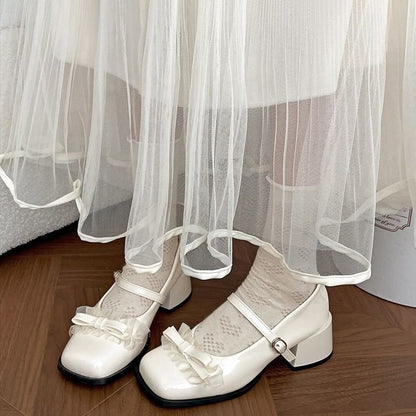 Chunky Heel Square Toe Bow Frill Trim Mary Jane Pumps